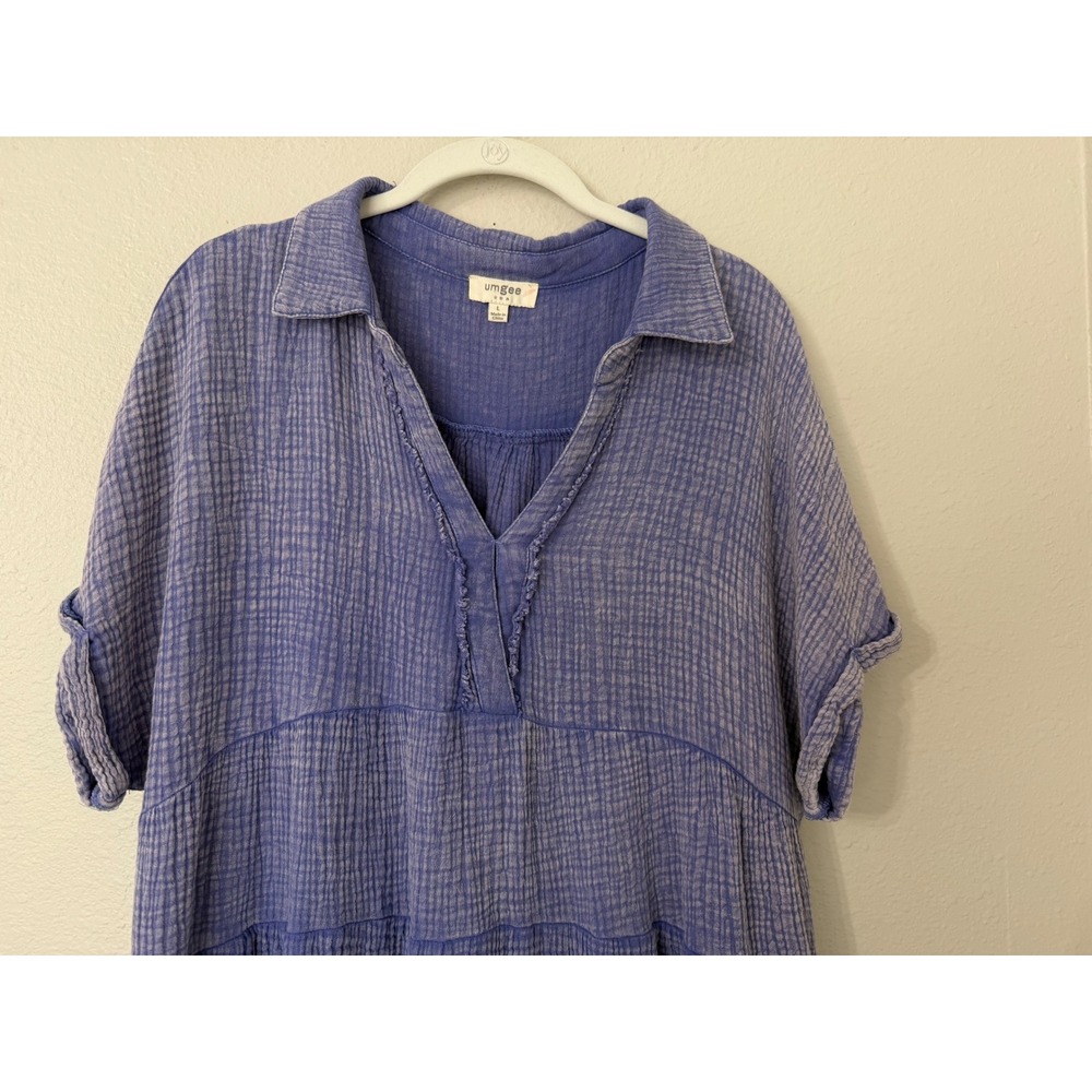 Umgee Large Blue Cotton Gauze Tiered Mini Dress K6389 Boho Short Sleeve - Picture 2 of 6